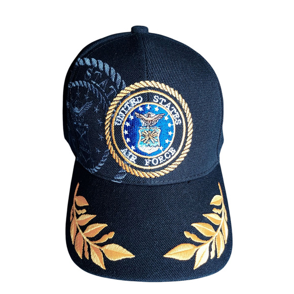 United States Air Force Embroidered Insignia Laurels Black Yellow Hook Loop Hat - Picture 6 of 6